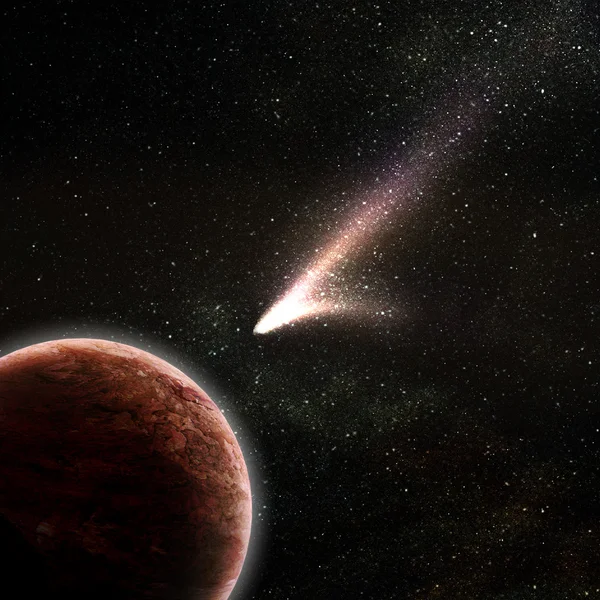 Cometa voando para o planeta no espaço — Fotografia de Stock
