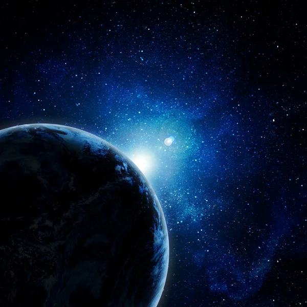 Blauw aarde in de ruimte met de rijzende zon — Stockfoto