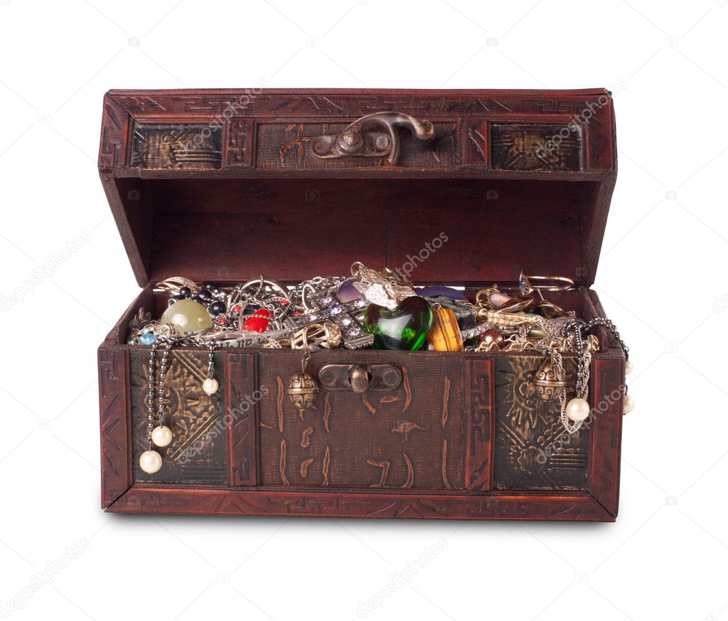 Treasure chest isolated on white background with clipping patch