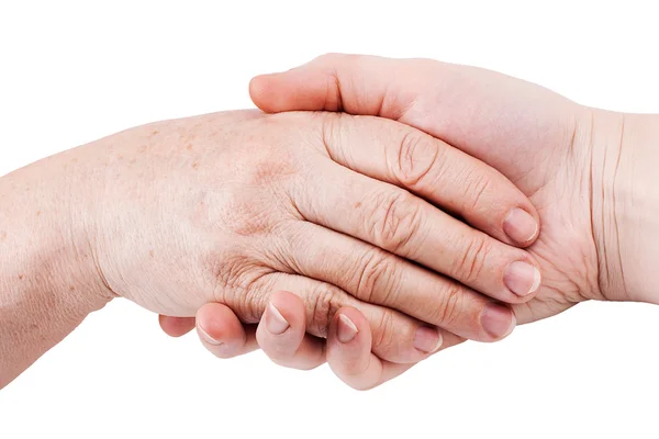 Old and young hand, isolated on white — Stock Photo, Image