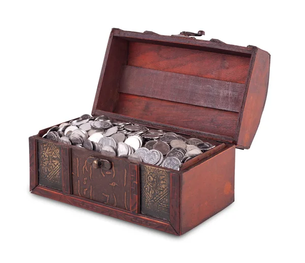 Wooden chest with coins inside isolated — Stock Photo, Image