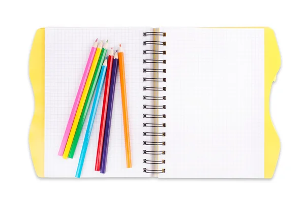 stock image Spiral notebook with colorful pencils