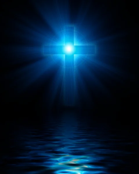 蓝色发光基督教十字架 — 图库照片
