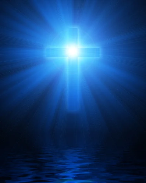 Блакитний сяючий християнський хрест — стокове фото