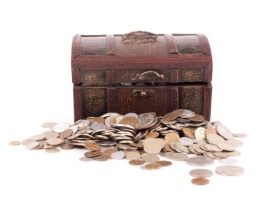 Wooden chest with coins inside isolated clipart