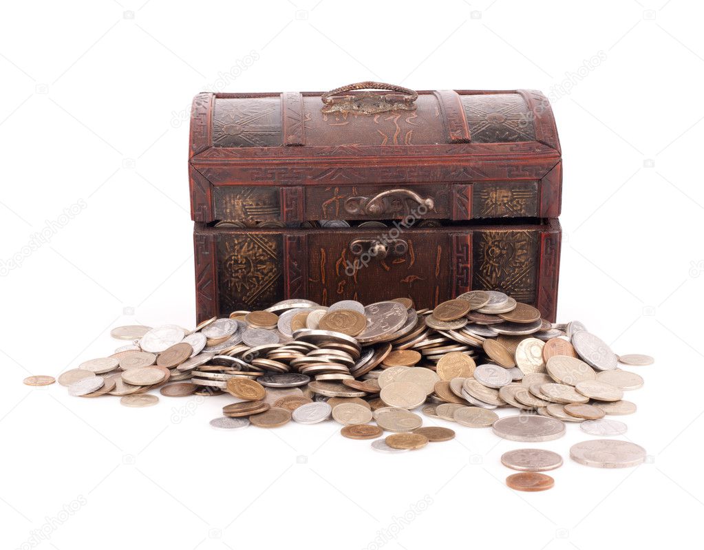 Wooden chest with coins inside isolated
