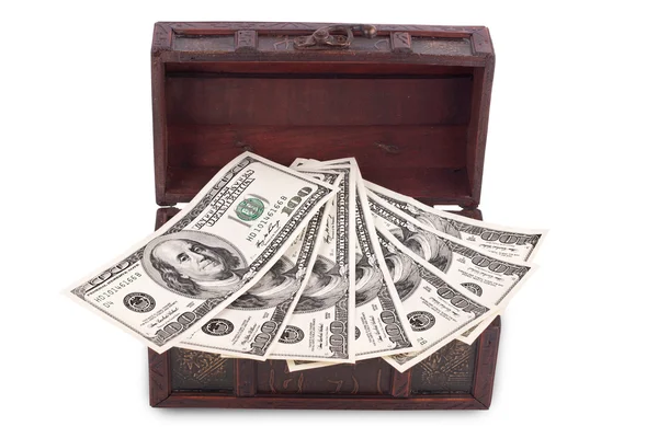 Wooden chest with money — Stock Photo, Image