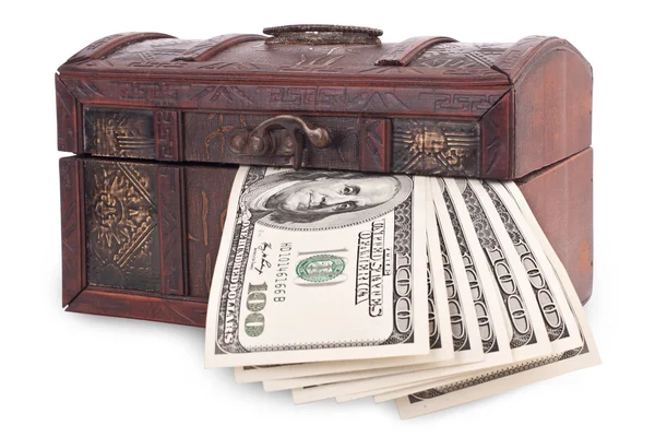 Wooden chest with money — Stock Photo, Image