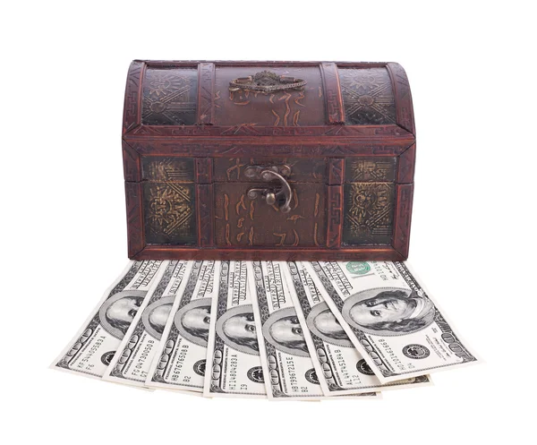 Wooden chest with money isolated on white — Stock Photo, Image