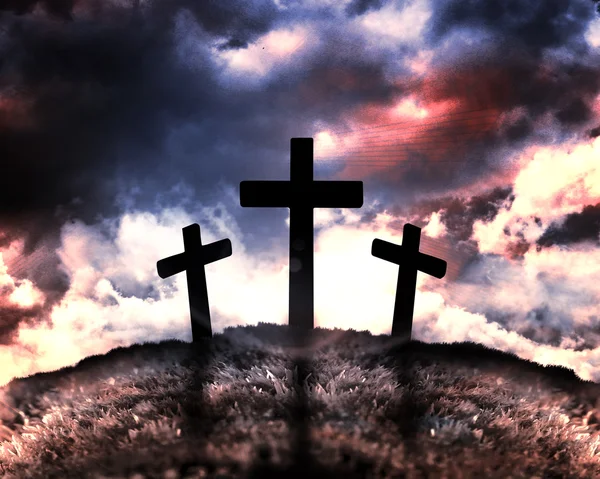 Silhouette of three crosses on a hill — Stock Photo, Image