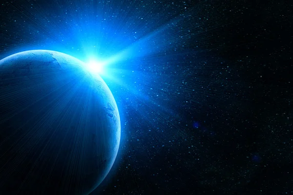 Modrá země v prostoru s vycházející slunce — Stock fotografie