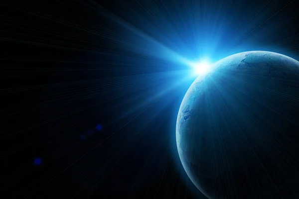 Blue earth in space with rising sun — Stock Photo, Image