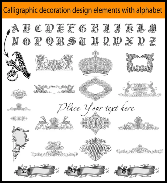 Calligraphic decoration design elements with alphabet — Stock Vector