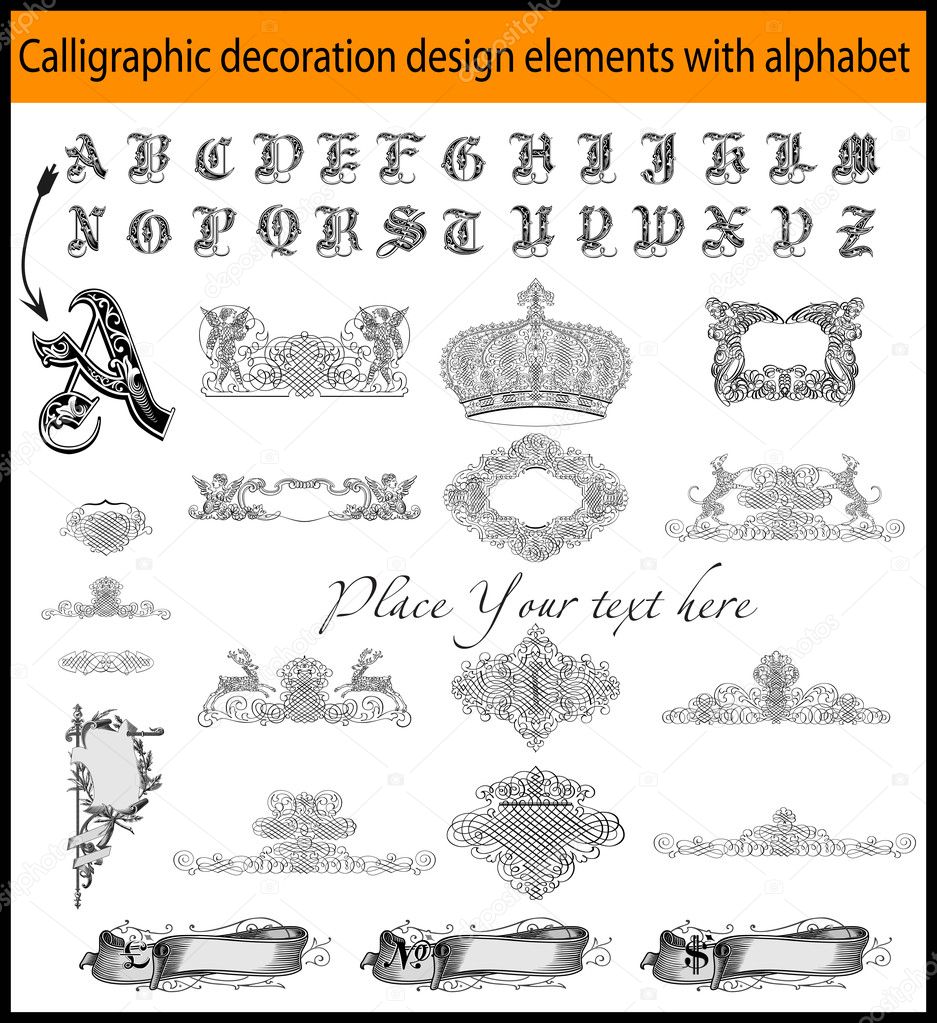 Calligraphic decoration design elements with alphabet