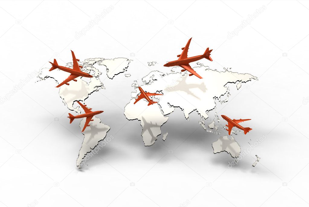 Air travel around the globe, 3d render