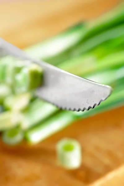 Green Onion catted with knife — Stok fotoğraf