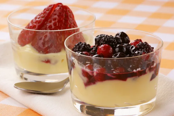 Vanilkový puding s měkké ovoce a jahod — Stock fotografie