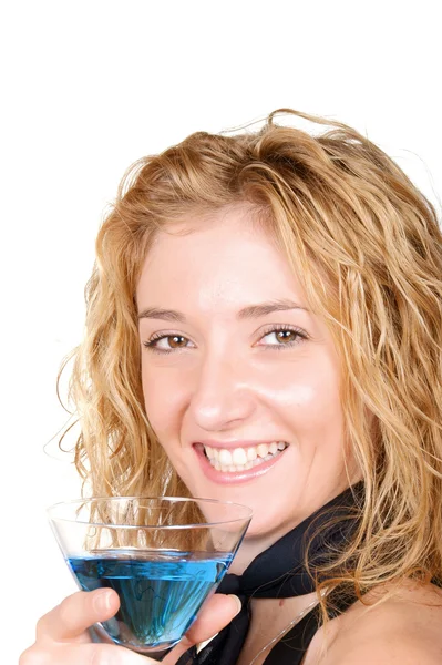 Young blond woman holding Martini glass — Stock Photo, Image