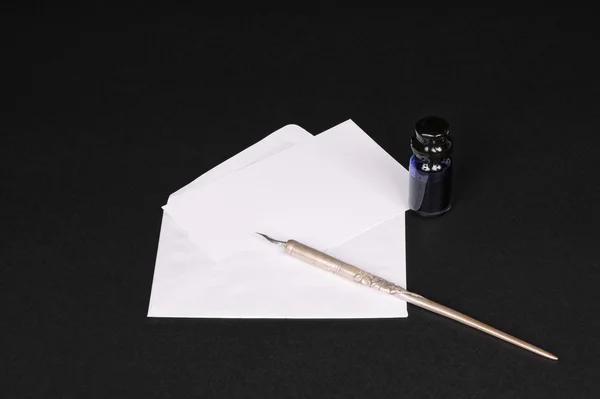 stock image Blank note card with envelope, dip pen and inkwell