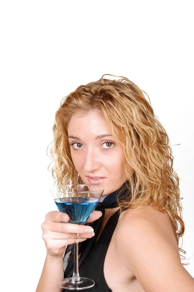 stock image Blond, seductive young woman holding a Martini glass