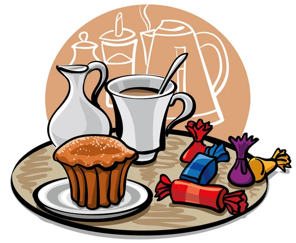 Кекс, цукерки та кава з молоком — стоковий вектор