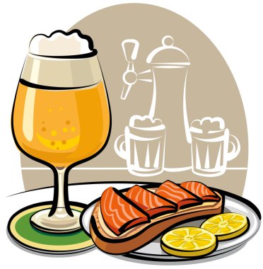 Beer and sandwich with salmon clipart