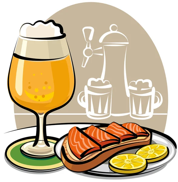 Beer and sandwich with salmon — Stock Vector