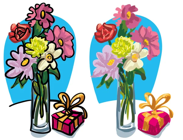 Buket bir çiçek ve hediye kutusu — Stok Vektör