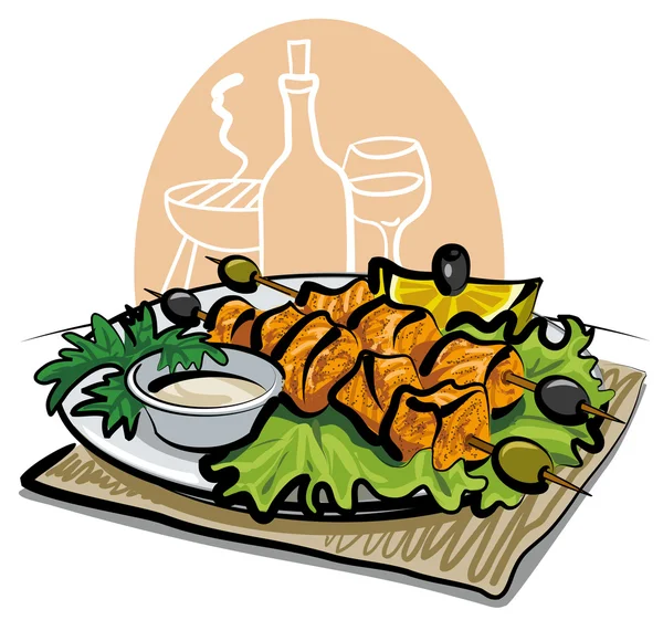 Grilled salmon kebab — Stock Vector