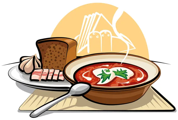 Borscht soup and garlic with ham — Stock Vector