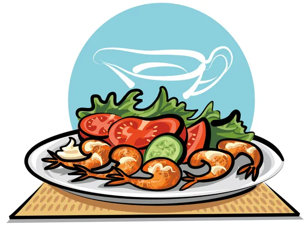 Fried shrimps and vegetables — Stock Vector