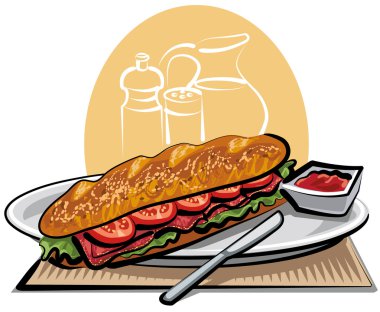 Sandwich (french baguette with tomatoes and meat) clipart