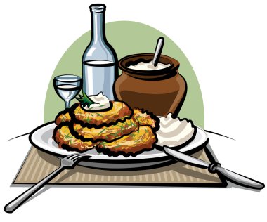 Potato pancake with sour cream and vodka clipart