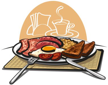 English breakfast with bacon and eggs clipart