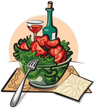 taze sebze salatası ve şarap