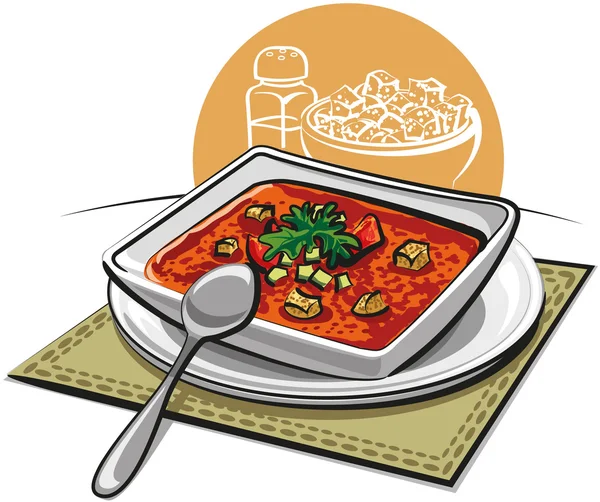 西班牙凉菜汤和烤面包片 — 图库矢量图片