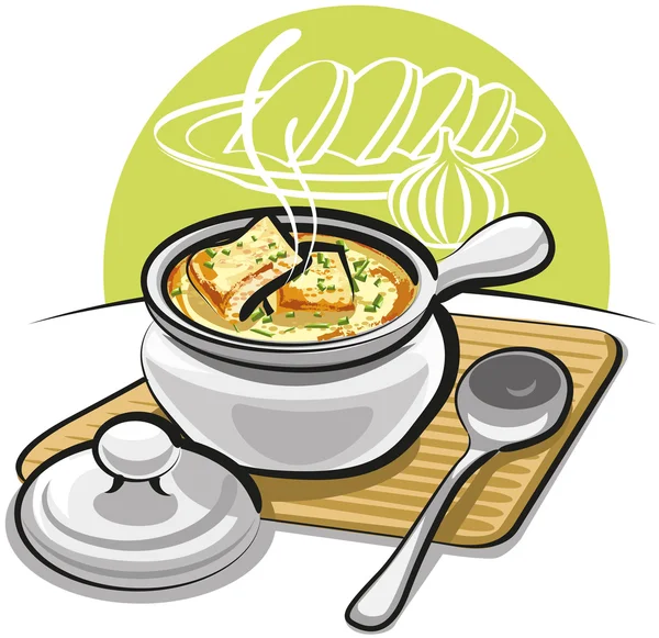 Sopa de cebola francesa com croutons e queijo —  Vetores de Stock