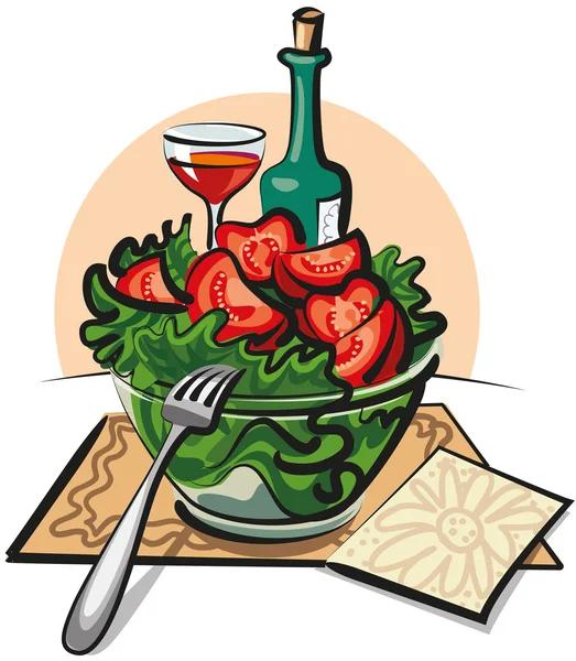 Fresh vegetable salad and wine — Stock Vector
