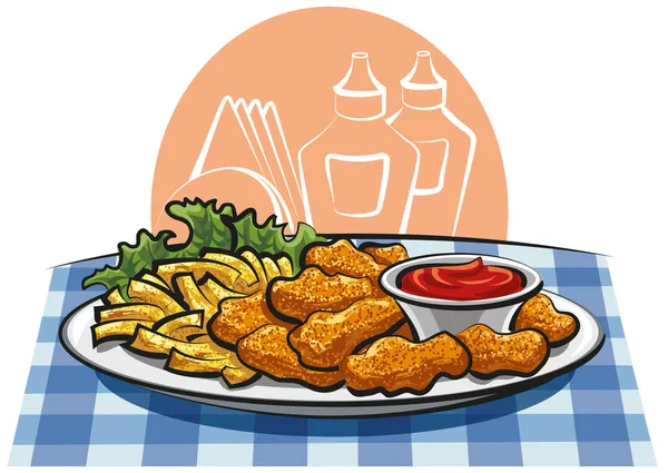 Хлебные куриные наггетсы и картофель фри с соусом — стоковый вектор