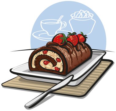 Chocolate roll cake with strawberries clipart