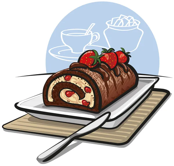 Chocolade roll cake met aardbeien — Stockvector