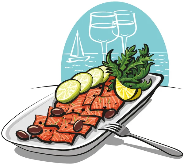 Carpaccio de saumon aux olives et citron vert — Image vectorielle