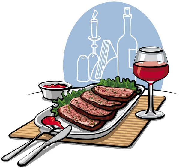 Carne de bovino assada e vinho — Vetor de Stock