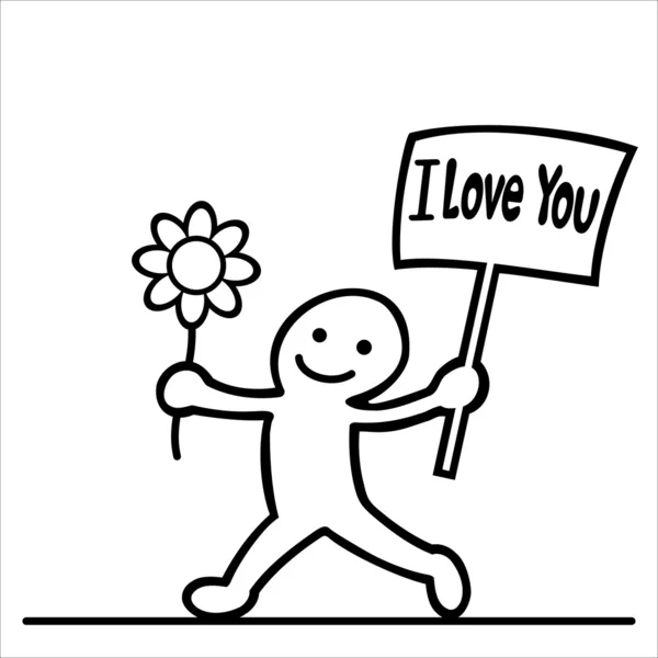 Cartone animato di uomini con fiore e messaggio d'amore — Vettoriale Stock