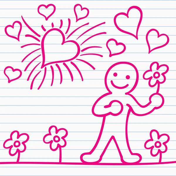 男子与花卉和心中的卡通 — 图库矢量图片