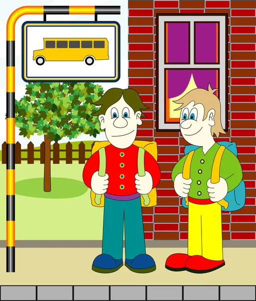 Мальчики в ожидании автобуса — стоковый вектор