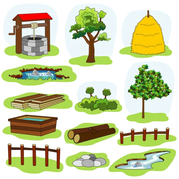 Illustration of nature and village elements — Stock Vector