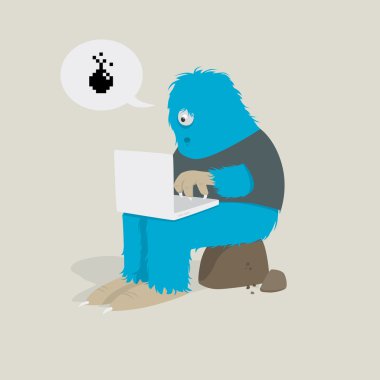 Monster with laptop computers crashed clipart