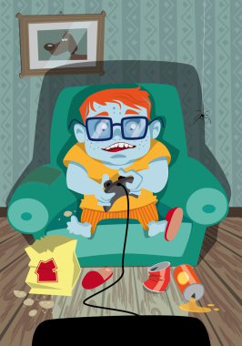 A little boy playing on a games console at home clipart