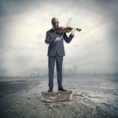 Businessman with gas mask, plays the violin clipart